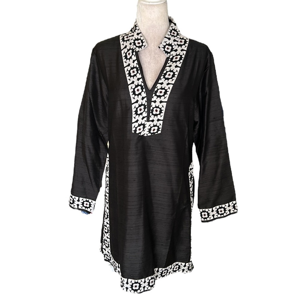Voile Vintage Black Silk Floral Beaded Mandarin Collar Tunic Dress / Top - L